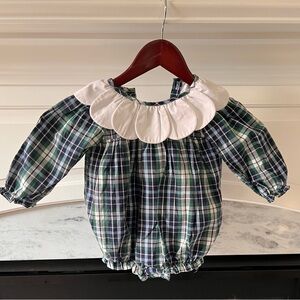Cecil and Lou Plaid Baby Romper with White Scalloped Collar